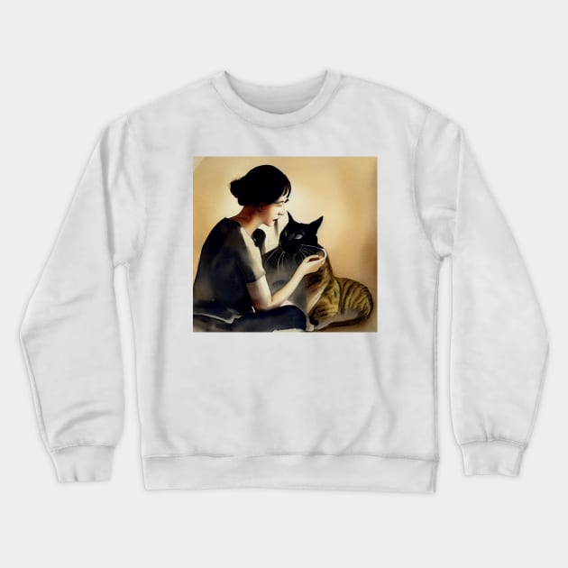 Cat Loving Lady in Watercolor Crewneck Sweatshirt by fistikci